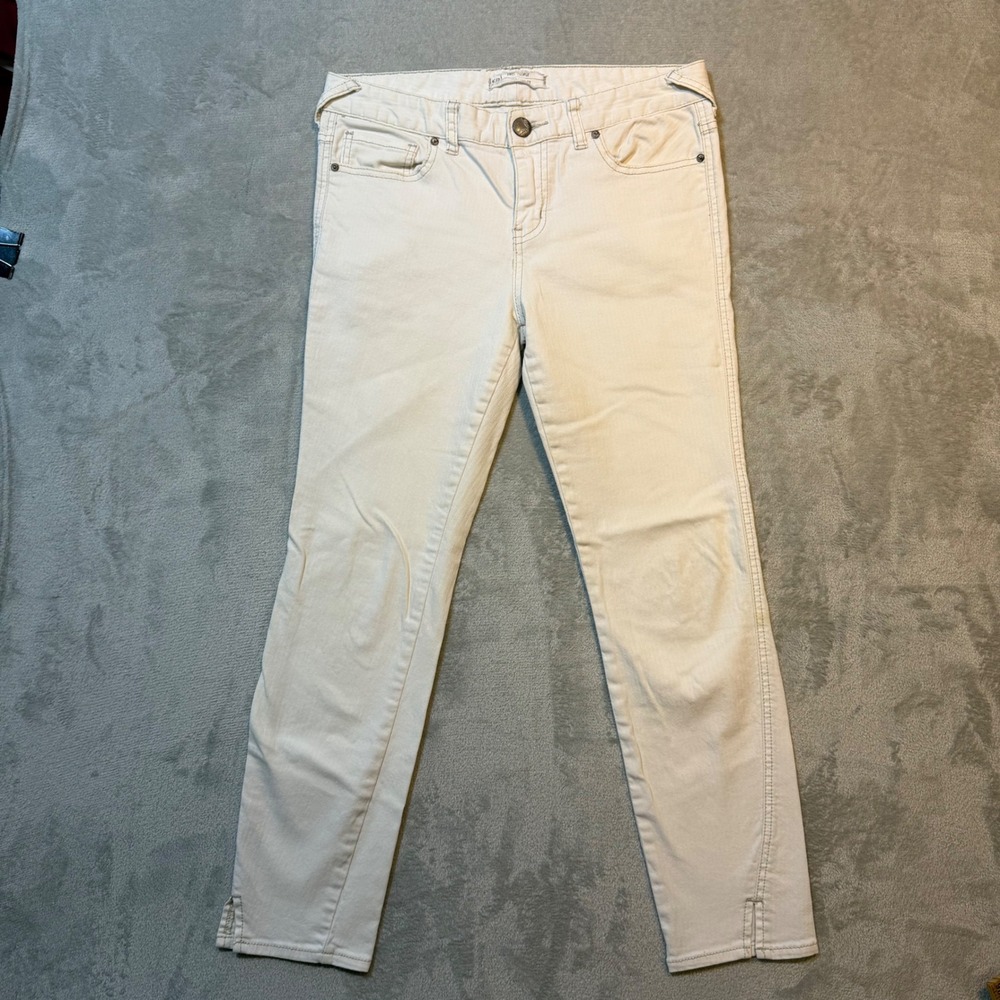 Free People Herringbone Textured Skinny Cropped Jeans Cream Off-White Size 28